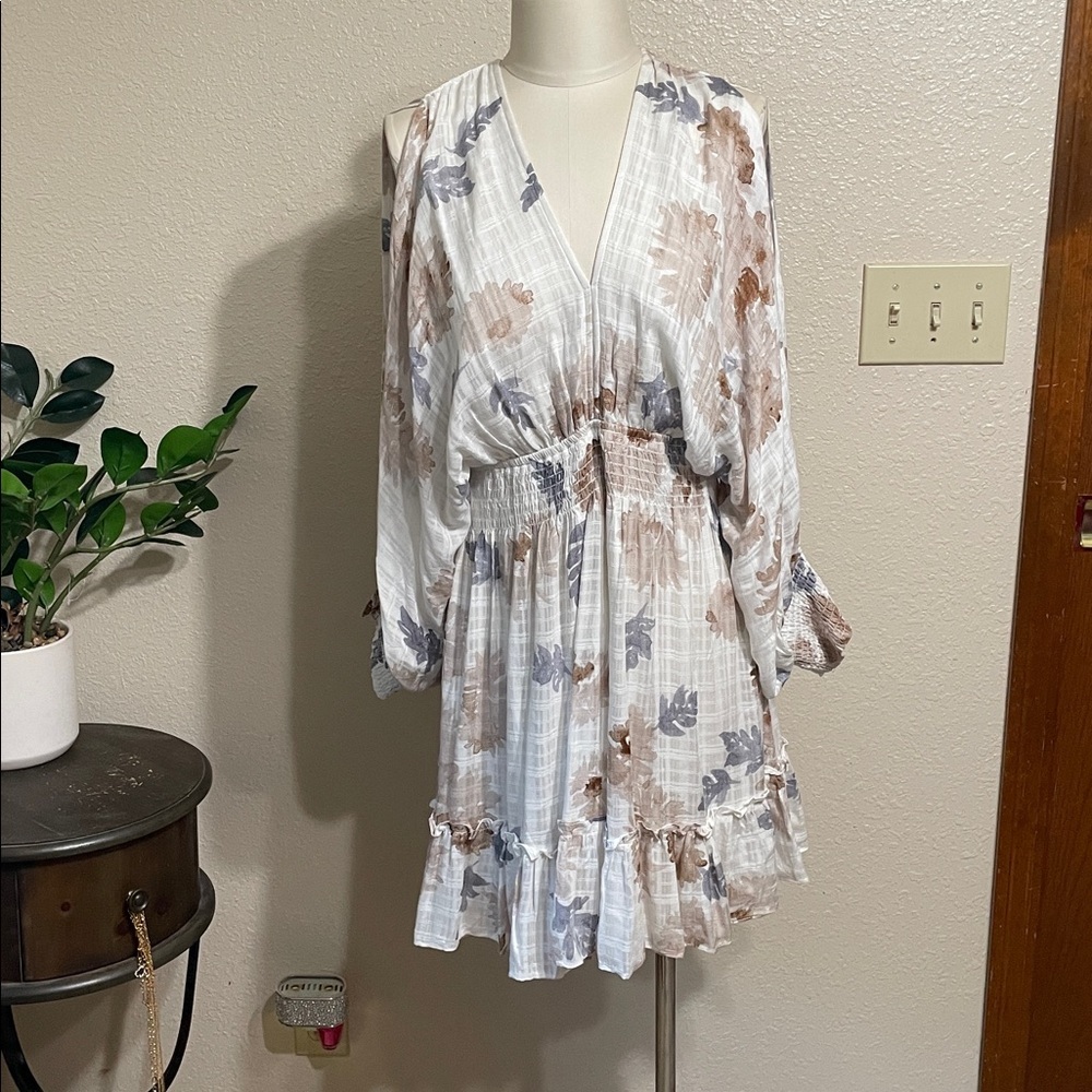 LoveStitch Floral V-Neck Ruffle Mini Dress in Cream - Picture 1 of 11